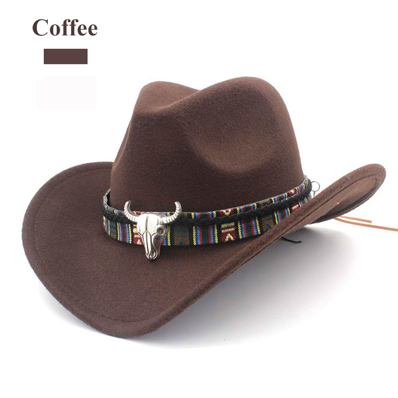 Etnische Retro Stijl Westerse Cowboy Hoed vrouwen Wollen Muts Jazz Hoed Westerse Stijl Cowboy Hoed