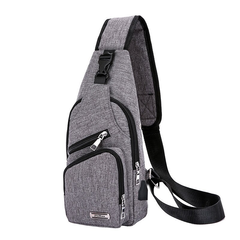 Newest Men's Shoulder Bag Sling Chest Pack USB Charging Sports Crossbody Handbag: Gray