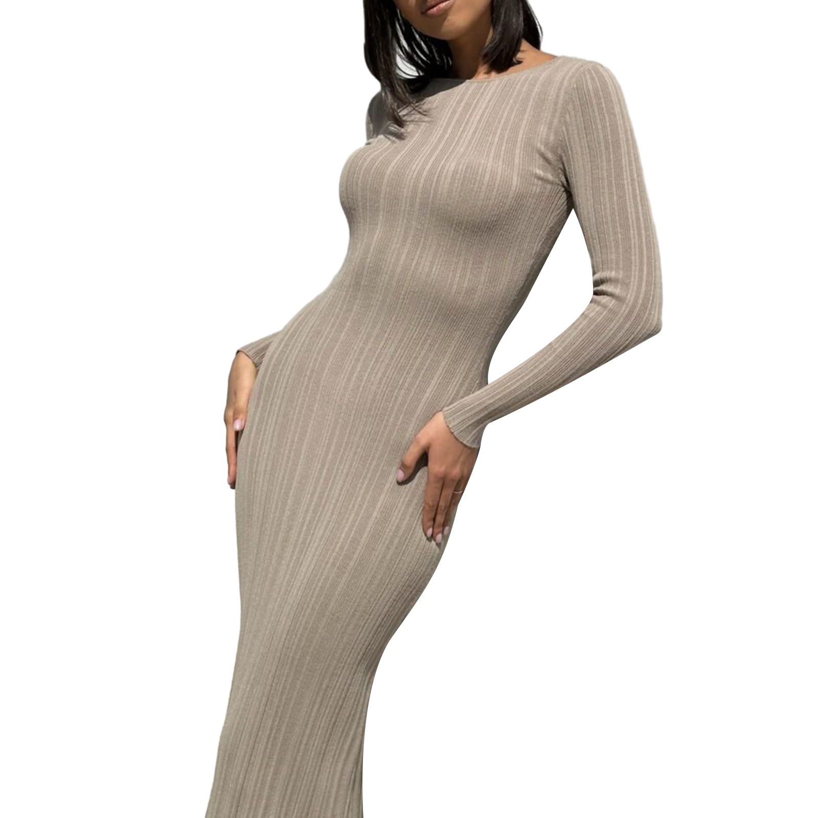 Vestido de punto ajustado de Color sólido para primavera y otoño para mujer, vestido acanalado de manga larga con cuello redondo, vestido largo ajustado: L / APRICOT
