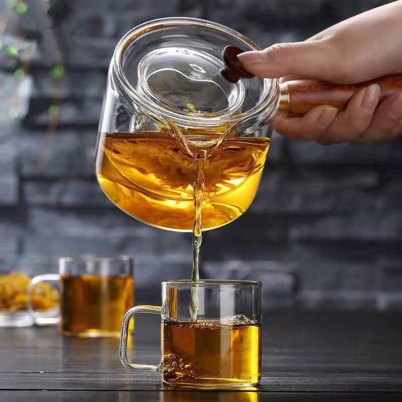 Glass teapot Wooden Handle Thickened Heat-Resistant Glass Kettle Side Handle Flower Teapot Tea Set