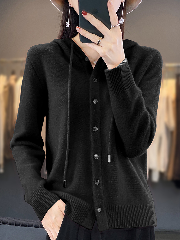 2025 novos cardigans de lã penteado camisola com capuz feminino manga longa malha outerwear senhora roupas de malha topos moda tendência casual: XXL / Preto
