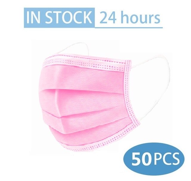 10/50 stk. maske engangs ansigtsmaske sort nonwoven 3 lag filter anti-støv åndbar beskyttende voksenmaske mundmasker på lager: Lyserød -50