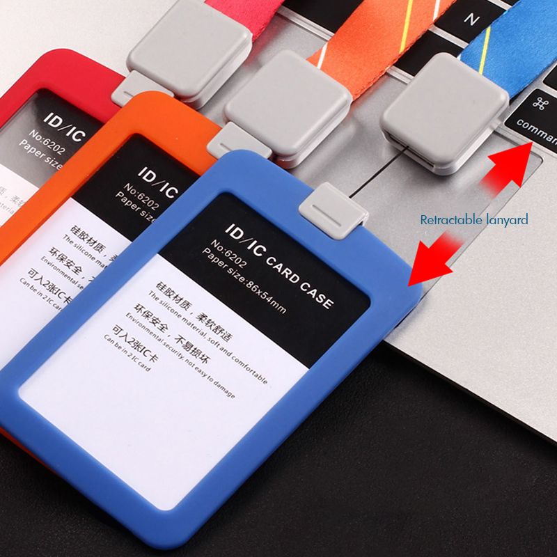 Porta badge identificativo in acrilico trasparente con custodia in silicone, cordino retrattile, porta documenti/crédito verticale, porta badge per due carte