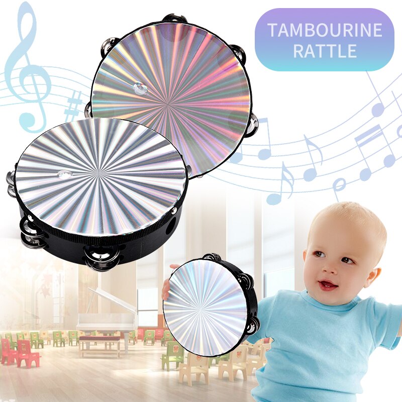 8 Inches Hand Held Tambourine Round Percussion Double Row Orff Instrument for Band Dancing Singing Accompaniment