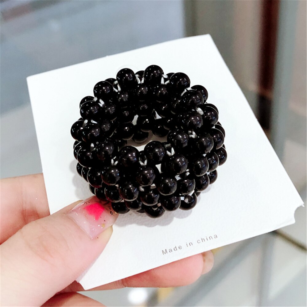 Accesorios coreanos para el cabello para mujer, perla de imitación, coletero de goma, cuerda de cabello elástico de: Black