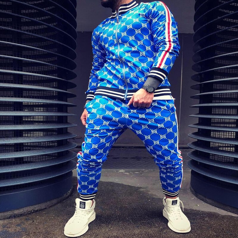 Gentleman Plaid Mannen Pak Jas + Broek Sport Trainingspak 3D Afdrukken Rits Tweedelige Set spot Europa 3XL: Blauw / Xl