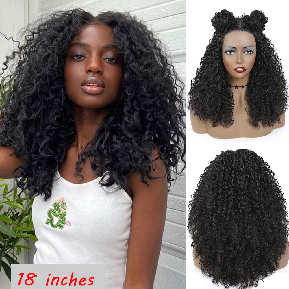 Afro Kinky Curly Lace Front Wig Natural Color SOKU Middle Part Heat Resistant Hair Synthetic Lace Front Wigs For Black Woman: 18 inches dark brown