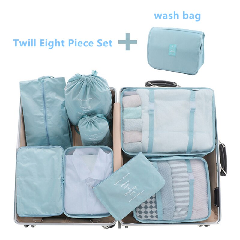 9 stk / sæt kuffert organisere opbevaringstaske bærbar kosmetikpose tøj undertøj sko pakningssæt rejse makeup taske: Søblå