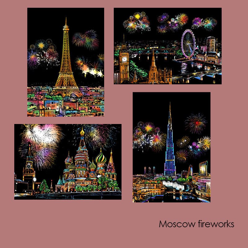 21x29.5 CM 4 Pcs/Set DIY Scraping Painting World Famous Landscape City Building Animals Scratch Painting Drawing Toys: Moscow fireworks