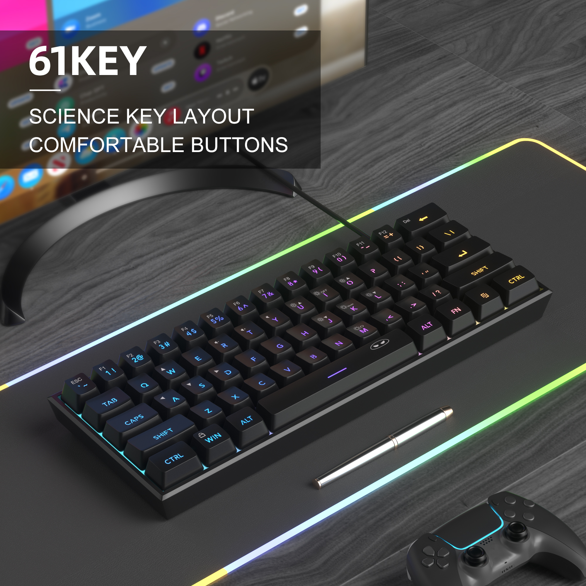 MageGee Mini teclado para juegos 60%, teclado ultracompacto retroiluminado RGB de 61 teclas, oficina de sensación mecánica impermeable ergonómica TS91