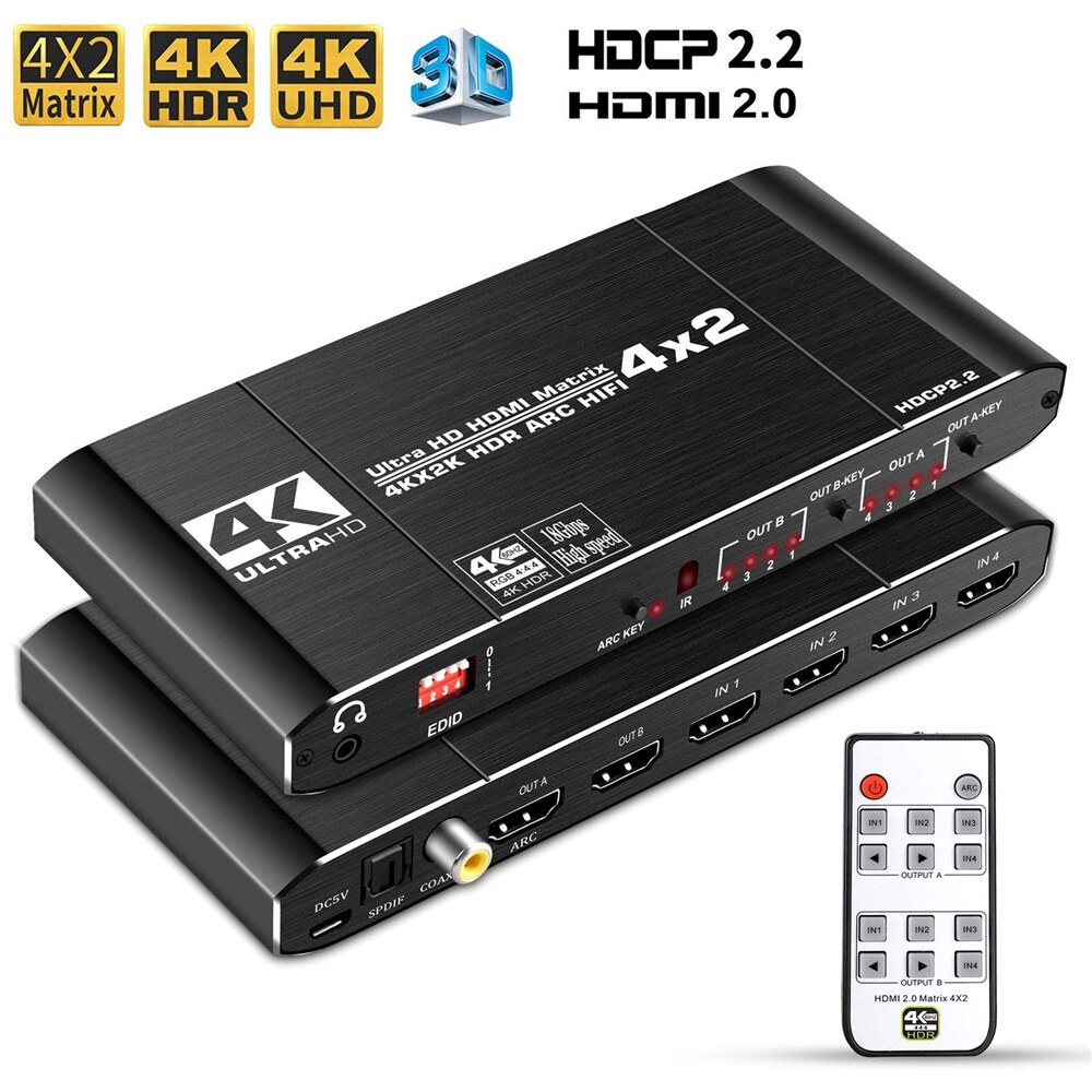 HDMI Matrix 4x2 4K @ 60Hz HDR Switch Splitter 4 in 2 out YUV 4：4：4 Optical SPDIF + 3.5mm jack Audio Extractor HDMI Switcher