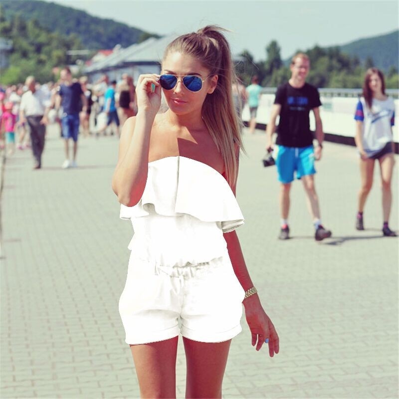 Sommer dameoveralls afslappet flæser shorts rompers elastikbånd off shoulder playsuits sweet beach dame jumpsuits