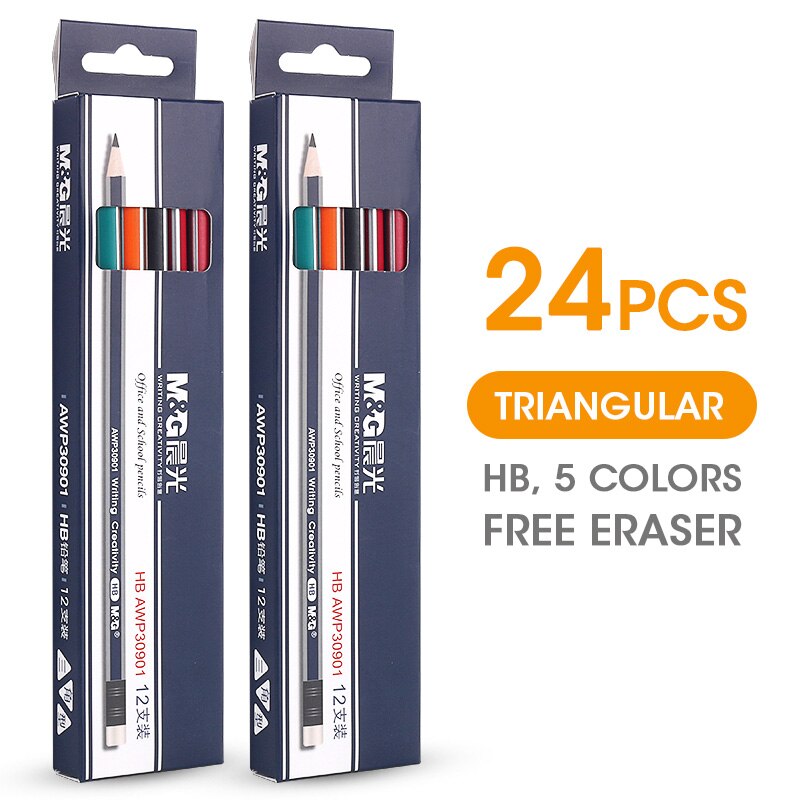 M & g förslipade triangulära hb skolpennor med suddgummi 24/48/120 st / parti grafit svart bly trä penna för skolmaterial: 24 st  (2 lådor)