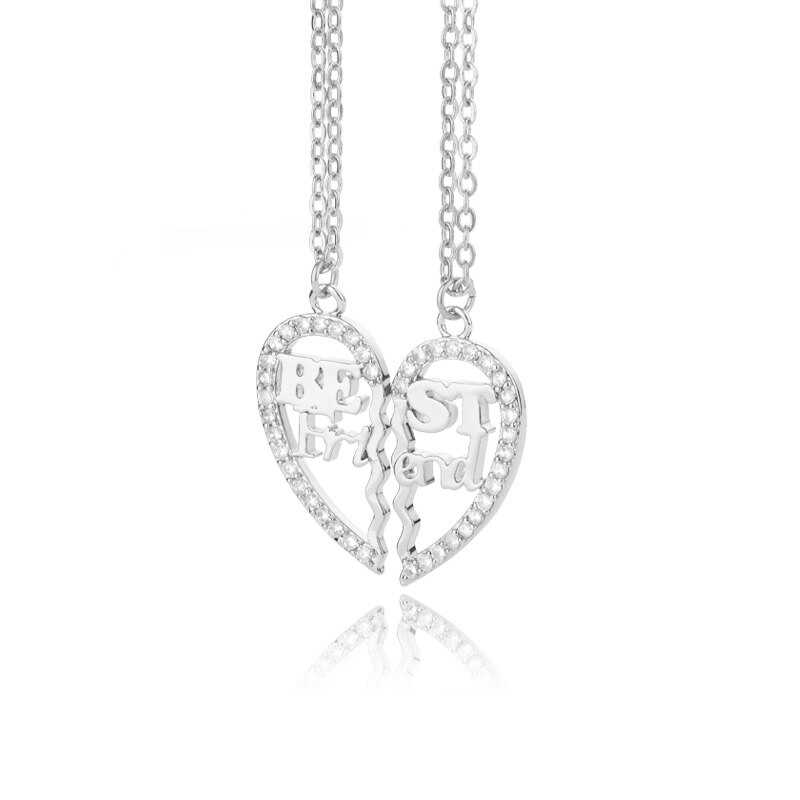 2 pieces zircon spliced love heart necklaces for women stainless steel gold letter best friend necklace boho jewelry friendship: Silver color