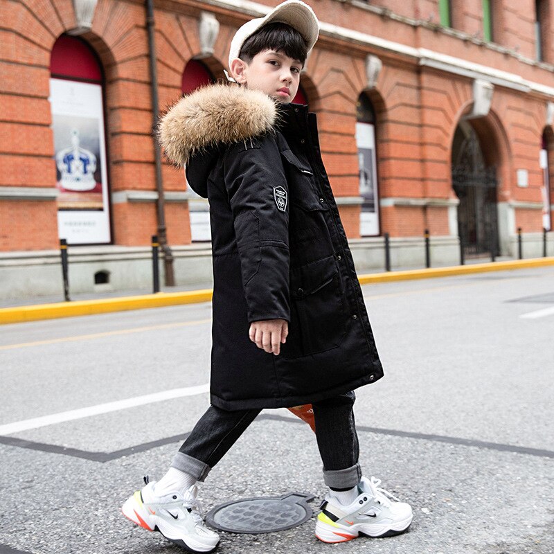 2021 inverno para baixo parkas crianças meninos jaqueta de inverno roupas 6 8 10 12 anos longos meninos snowsuit outwear pele hooed casaco quente roupas: Black / 8
