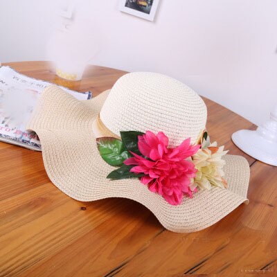 Sombrero de paja con flores para madre e hija, sombrero flexible de ala ancha para playa, verano,: Beige