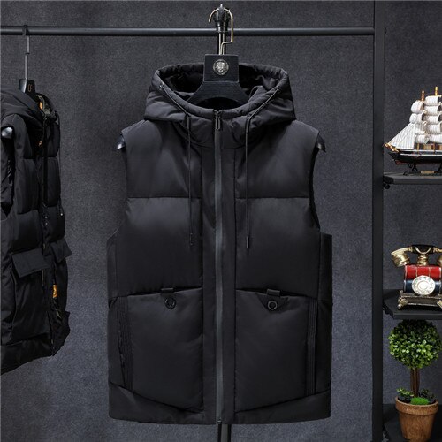 Winter Jassen Casual Dikke Vesten Mannen Mouwloze Hoodie Jassen Mannelijke Katoen Gevoerde Warme Slanke Grote Pocket Vest: Black / XXL