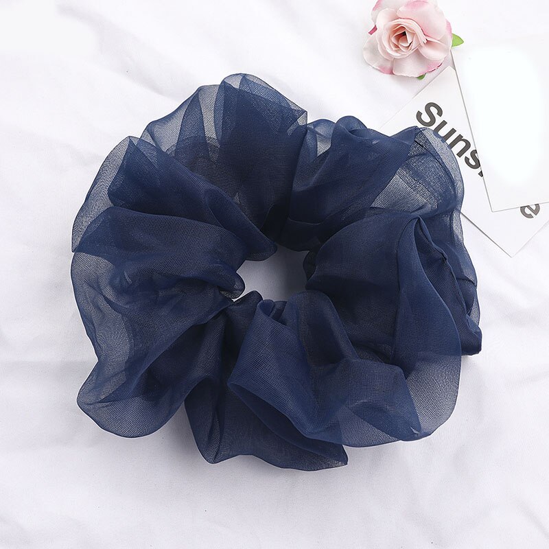 Scrunchies de malla de gran tamaño para mujer, cuerda romántica para el cabello rosa y azul, lazos para el cabello de Organza de tul transparente, accesorios para el cabello, banda para el cabello: Azul marino