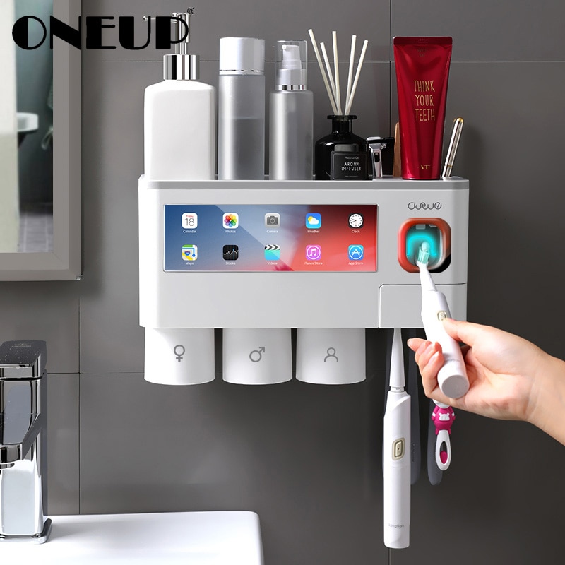 Oneup Tandenborstelhouder Magnetische Adsorptie Omgekeerde Cup Automatische Tandpasta Dispenser Voor Wc Badkamer Accessoires Sets