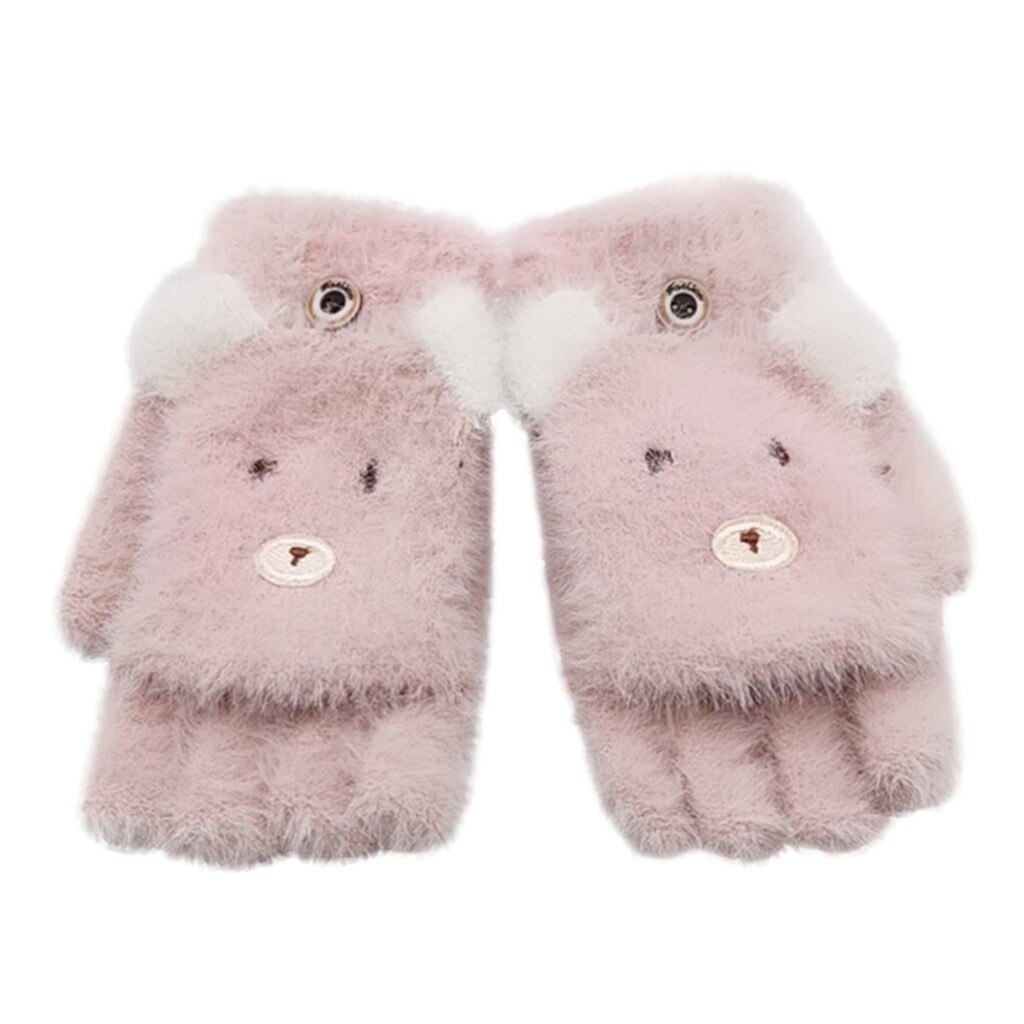Women Winter Student Adult Christmas Deer Convertible Flip Top Fingerless Gloves Five-pointed Warm Mittens Gloves Fingerless: Pink