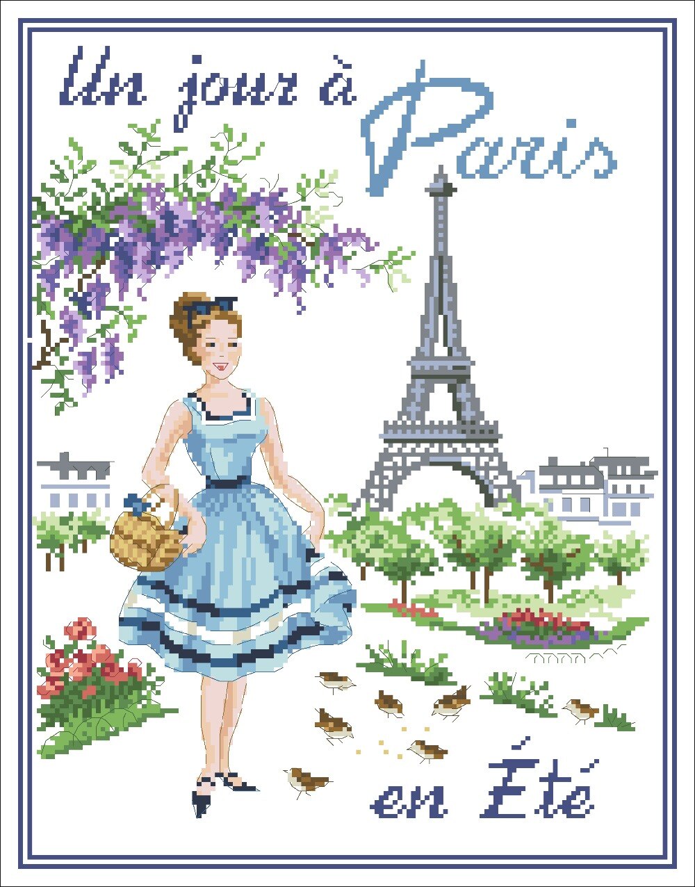 París en 4 Estaciones, punto de cruz, paquete de belleza de dibujos animados para mujer, 18ct, 14ct, tela de algodón, bordado, costura hecha a mano: Blanco / 14ct unprint canvas