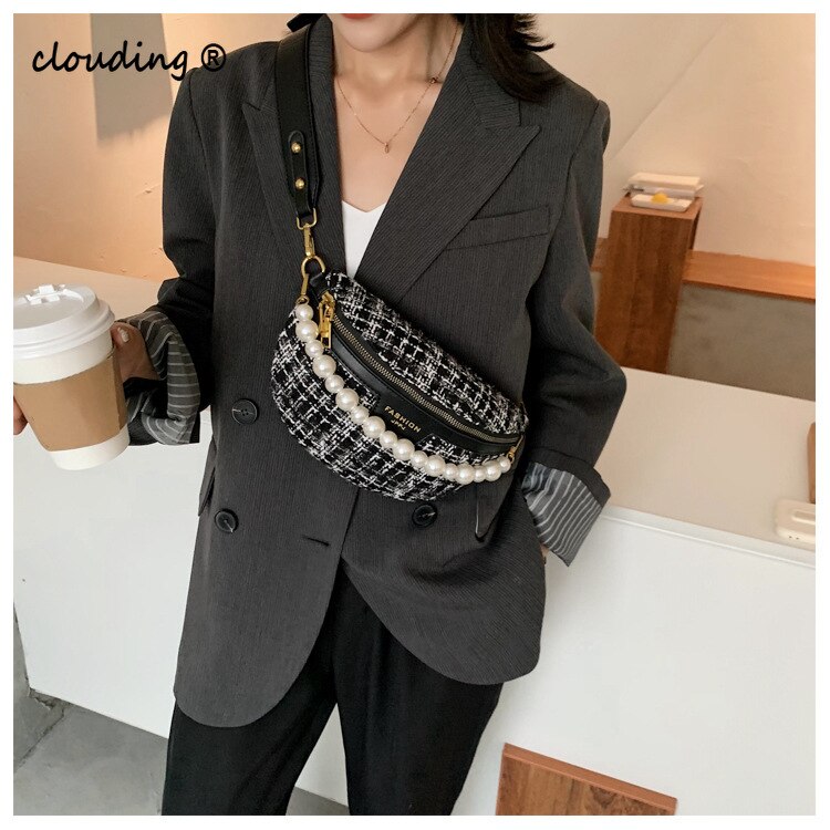 Przyczynowa perła przenośna saszetka na pasek sprawdź dużą pojemność pojedyncza torba na klatkę piersiowa sprawdź drukowanie łańcucha Woolens torba na ramię dla pani