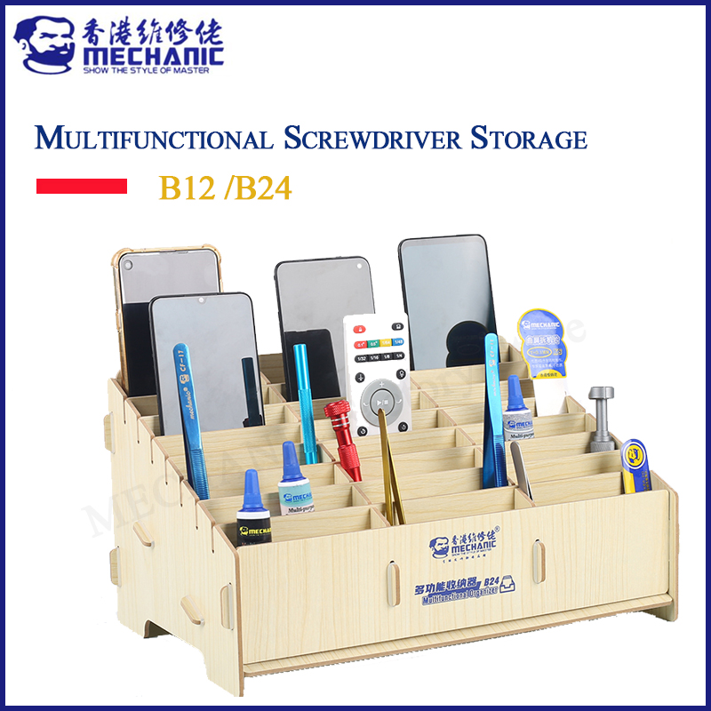 MECHANIC Multifunctional Solid Wood Storage Box cellPhone Repair Desktop Storage Rack Screwdriver Insert Tools Parts Box B12 B24