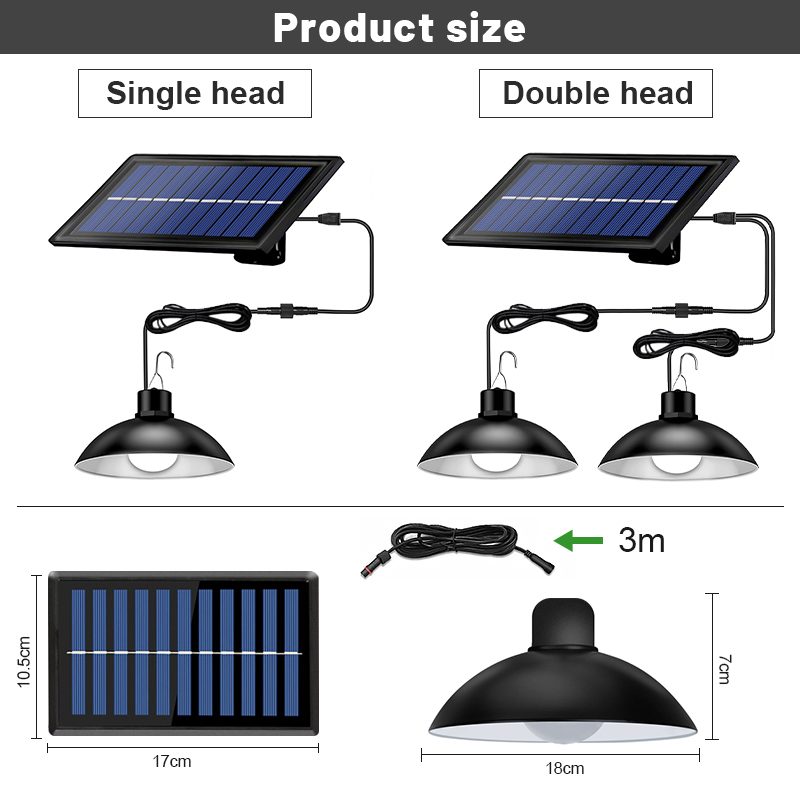 Luces colgantes de doble cabeza impermeables IP65, lámpara Solar para interior y exterior, luces de cobertizo con Cable alimentadas por luz Solar para patio, Camping, etc.
