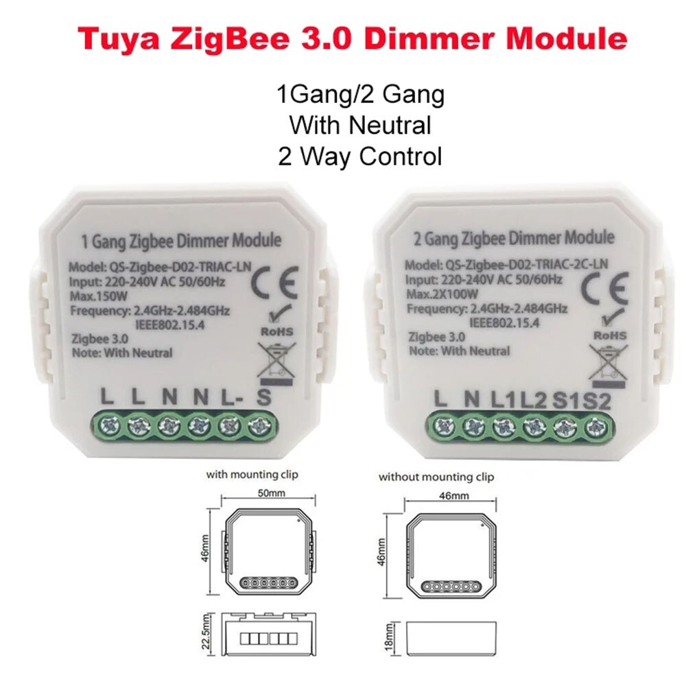 ZigBee 3.0 Smart Dimmer Switch Mini WiFi Smart Light Switch 2 Gang Wireless Control Switch Relay Lonsonho Tuya Module