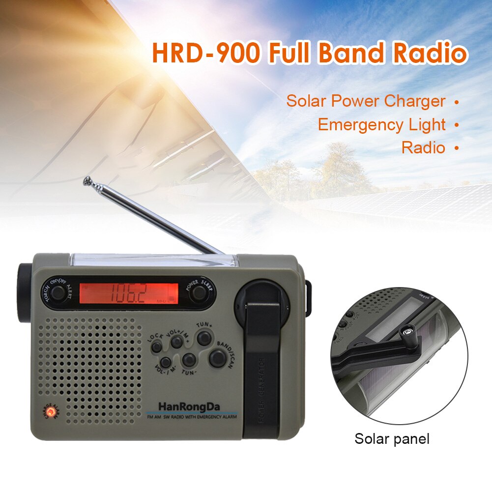 HRD900 Multifunctional Full Band Solar Powered AM/FM/SW Weather Radio Emergency LED Flashlight Lamp Power Bank