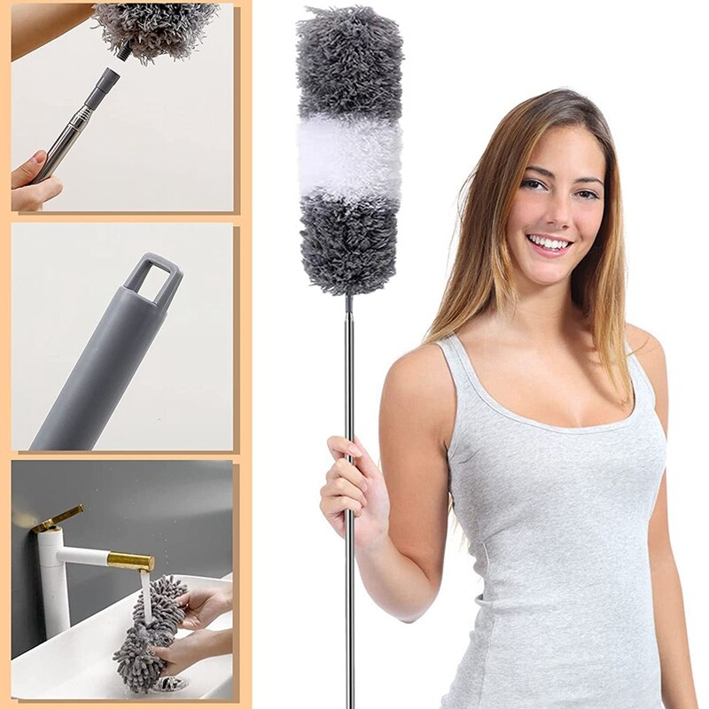Kit de plumero de pluma extensible, plumero de limpieza con poste de extensión, plumero de mano de microfibra para limpiar el polvo