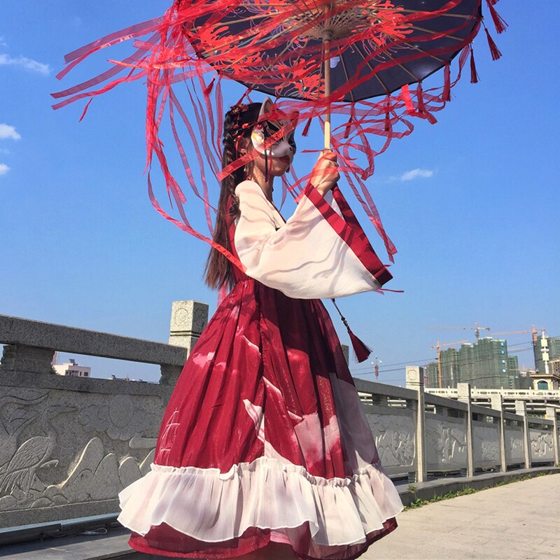 Vestido lolita para mujer, manga larga, gasa negra/roja, disfraces dulces, ropa lolita japonesa kawaii, vestido lolita gótico  vo786