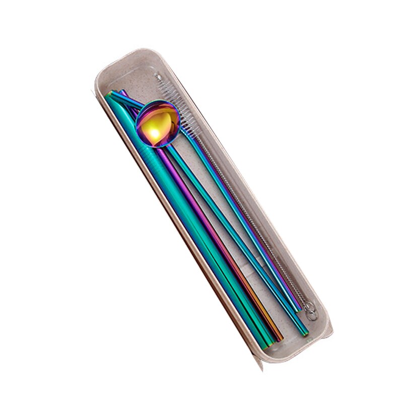 Portable Stainless Steel Straw Set Reusable Color Straw With Cleaning Brush(Set Of 7,1Bent+2Straight+2 Brush+1Spoon+1Box): Symphony