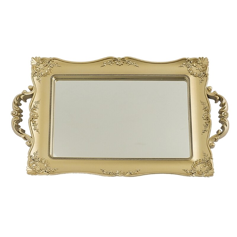 Vintage Rechthoek Decoratief Glas Spiegel Tray Franse Stijl Fruit Sieraden Display Opslag Plaat Desktop Ornamenten Make-Up: Goud