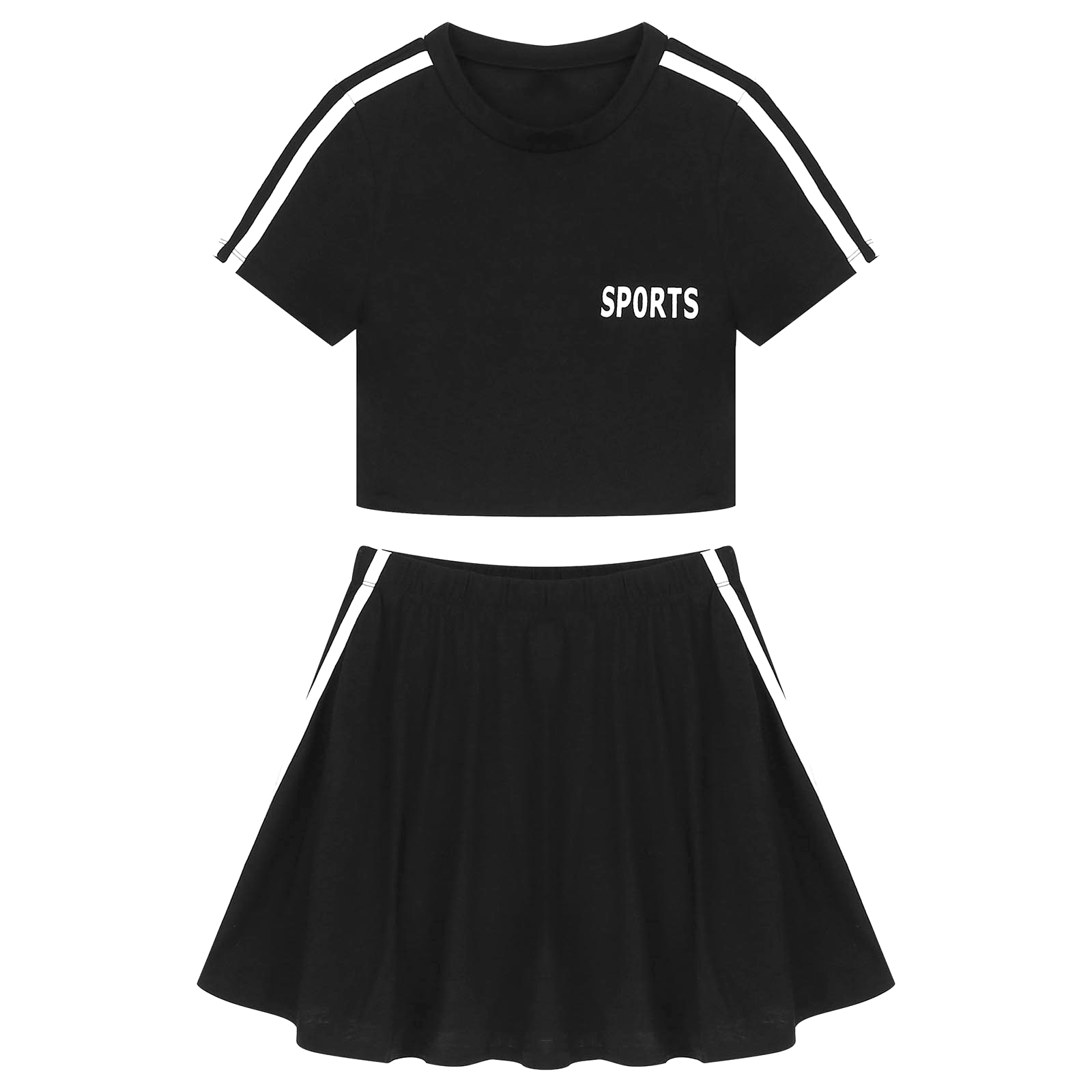 Women Tennis Sets Badminton Sports Outfits Short Sleeves Sport Crop Tops and Skirt with Underwear Modern Dance Cheering Uniforms: Black / S