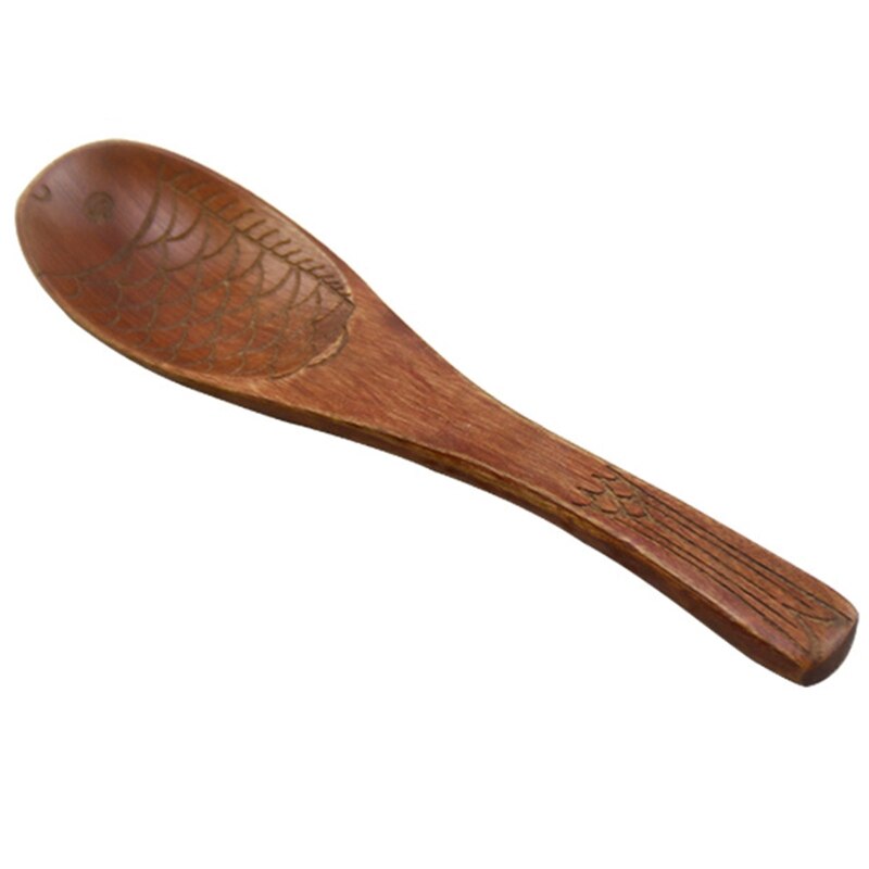 Cuchara de madera en forma de pez de estilo japonés, cuchara de textura tallada a mano, vajilla