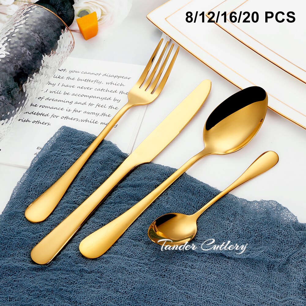 8/12/16/20PCS Couverts en Or Noir Vaisselle Vaisselle En Acier Inoxydable Miroir Couteau Fourchette Cuillère Couverts Pour La Cuisine À Domicile