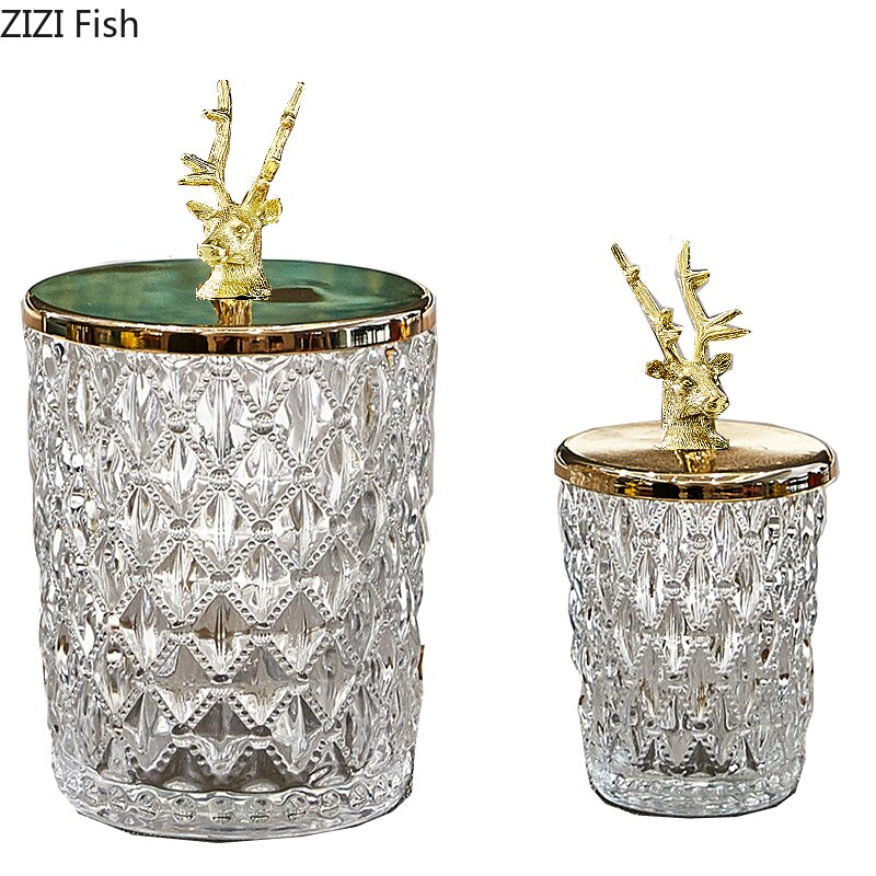 Glazen afgesloten voorraadpot gouden hertenkop deksel kruidenpotjes ornamenten kruidenkristal vochtbestendige container snoeppot