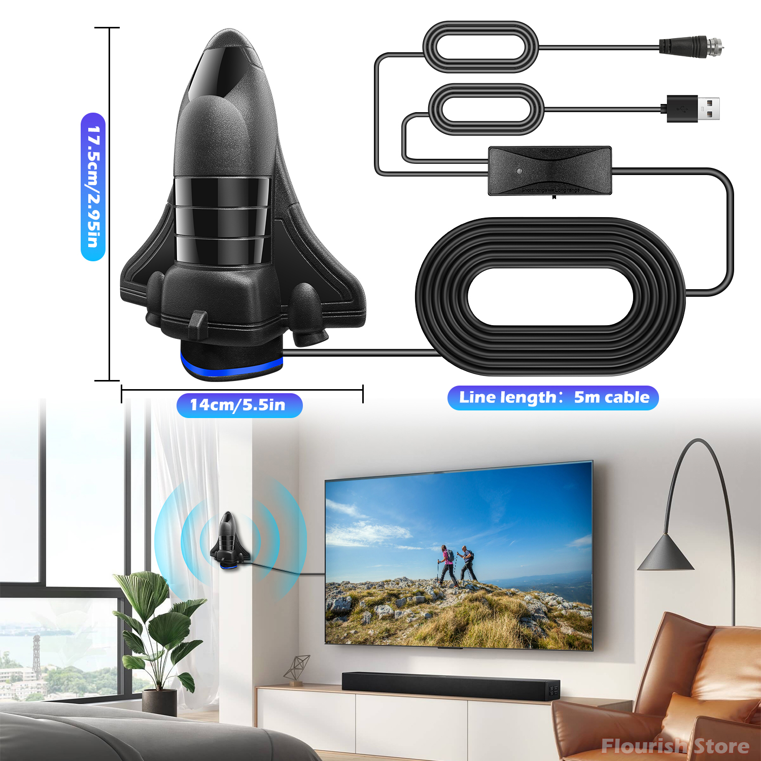 3200+ Miles Range TV Antenna,Digital TV Antenna Indoor Outdoor with Amplifier Signal Booster,Portable HDTV Antennas Support 4K