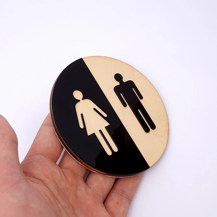 Acrylic Toilet Door Signs for Bathroom and WC Rules Signage Men Women Wooden Round Washroom Toilet Mirror Wall Sticker Decor