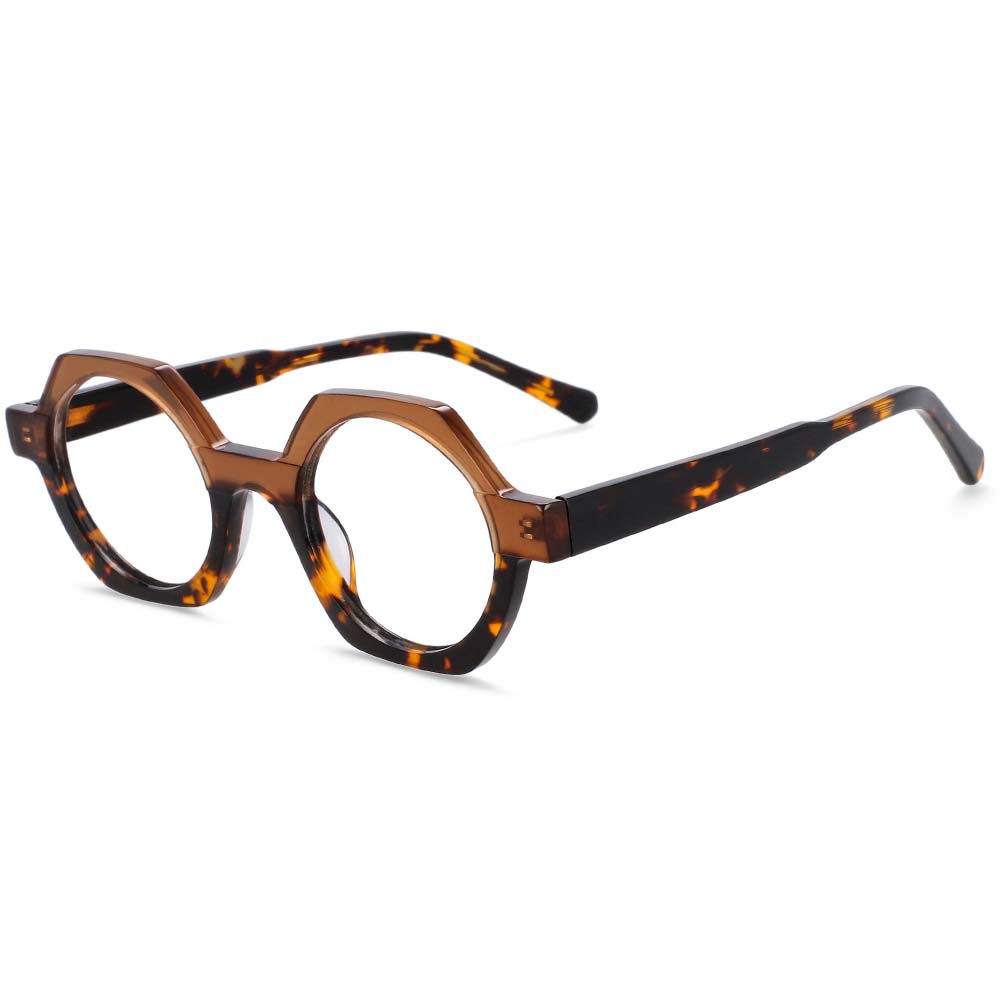 54140 Style Acetate Optical Polygon Glasses Frames Men Women Two Color Patchwork Computer Eyeglasses: Tea