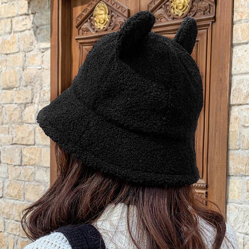 Lamb Wool Cat Ears Women Bucket Hat Autumn Winter Fisherman's Plush Bucket Hats Keep Warm Casual Cap Female Flat Top Hat