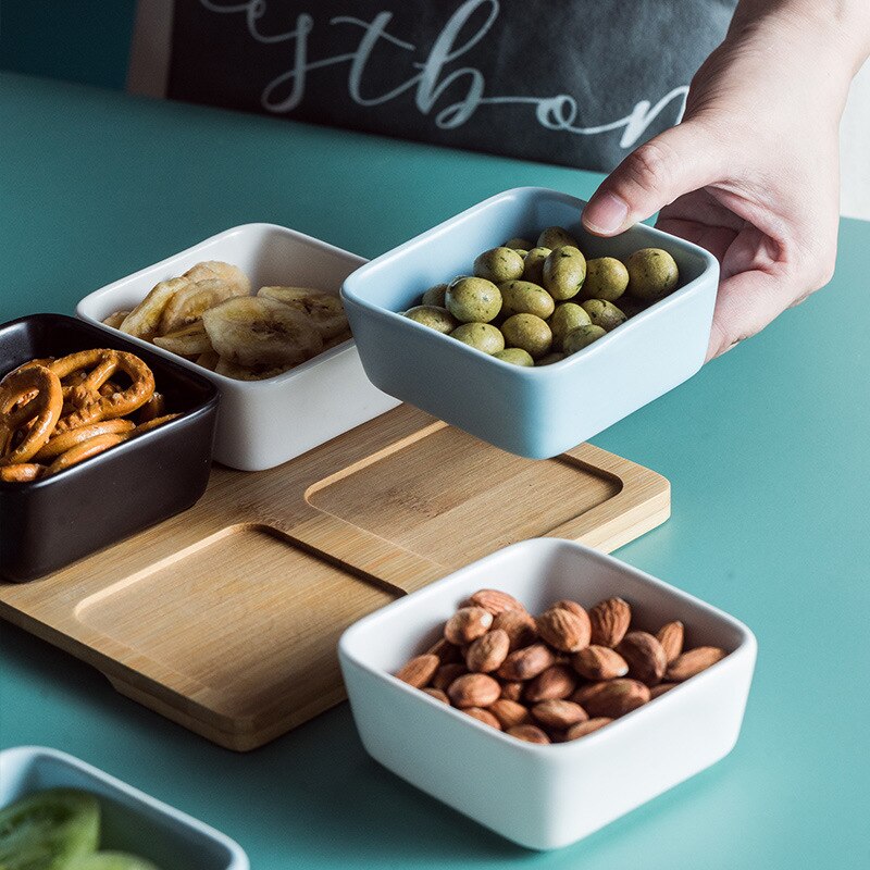 Firkantet keramik frugtfad keramisk fad salat tallerken porcelæn snacks slik nøddesesserter øko naturlig serverings bambus bakke sæt