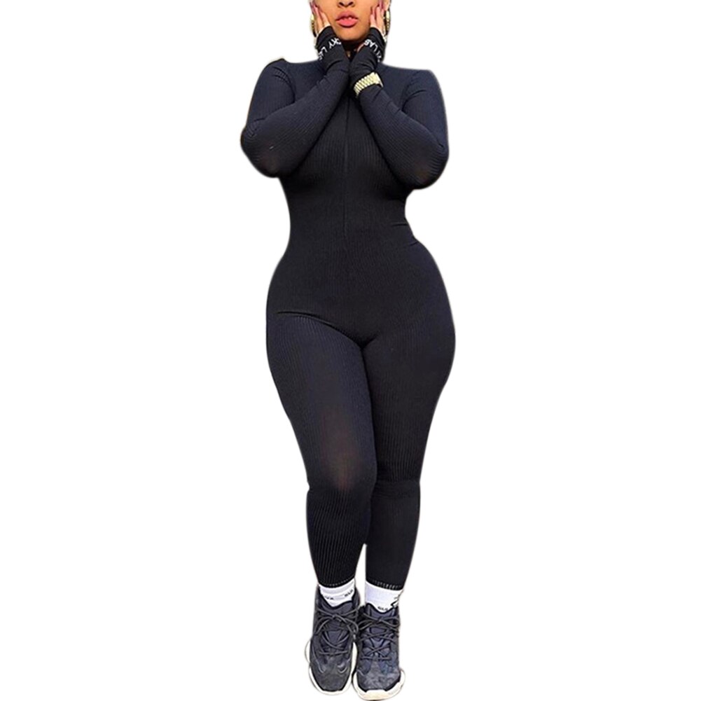 Women Tight High Neck Sports Jumpsuit Hidden Zipper Solid Color Long Sleeve Playsuit Fall Running Fitness One-piece Tracksuit: Black / L