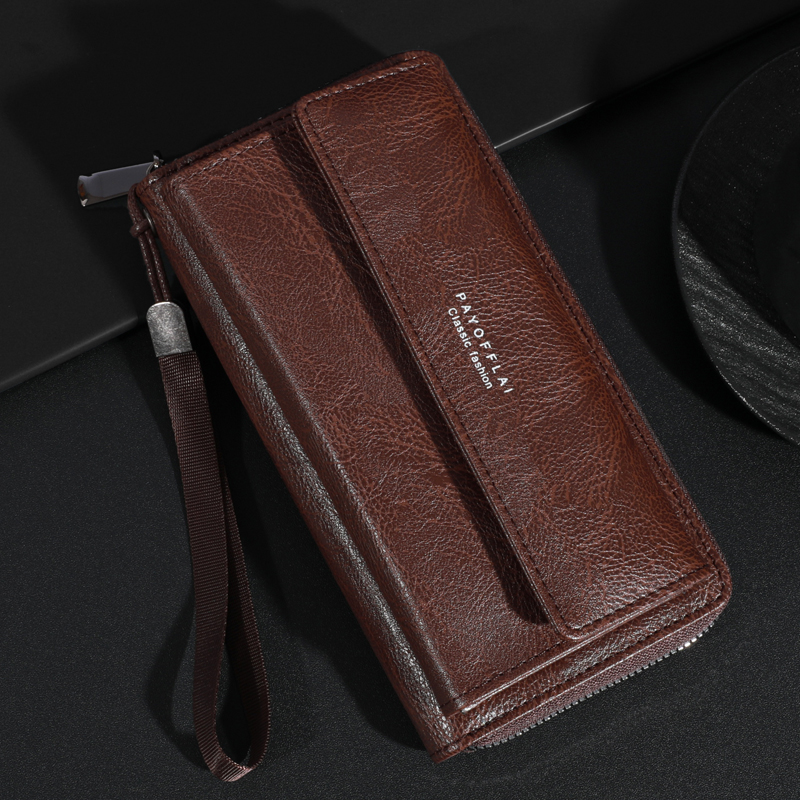 Men's PU Zipper Handbag Large Capacity Long Wallet Clutch Bag Phone Bag Multi Card Card Holder Coin Purse Wallet Double Layer: Coffee
