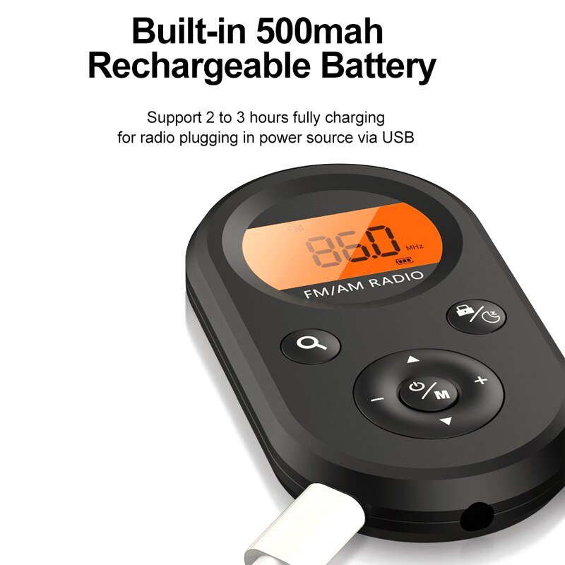 Mini Fm Am Radio Draagbare Pocket Radio W/Headset Radio Oplaadbare Ontvanger Lcd Display Backlight Lanyard 76-108mhz Ontvanger