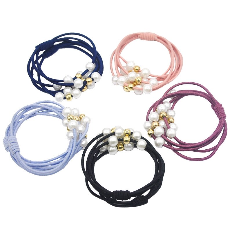 Ensemble de 5 anneaux de perles pour filles, haute élasticité, corde de tête, bandeau en caoutchouc, accessoires de cheveux pour enfants, couvre-chef pour femmes: Color mixing