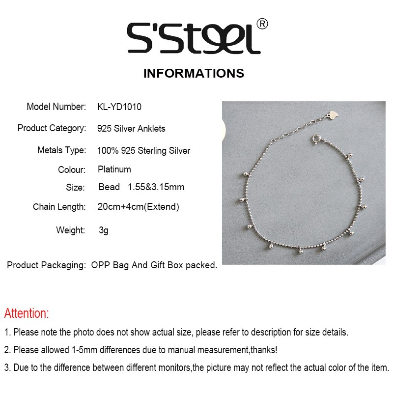 S'STEEL Concise 925 sterling silver anklets for women Geometry Beads Anklet Foot Ornaments Boho Leg Accessories fine jewelry