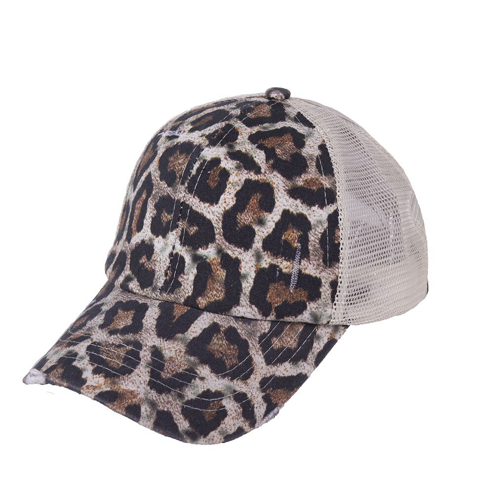 Women's Wash Cap Casquette Light Board Retro Ponytail Baseball Cap Cotton-Padded Cap Ripped Hole Cross Cap: Leopard print 1