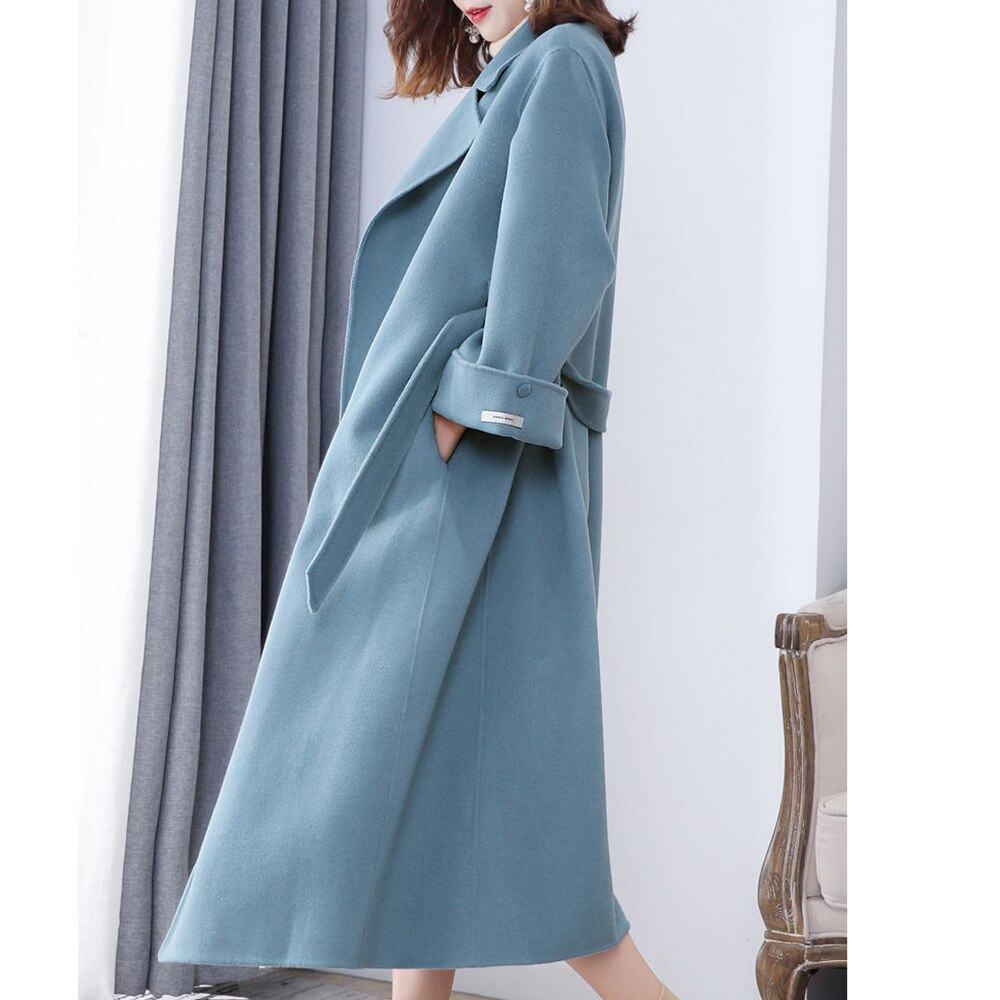 Manteau d'hiver en laine pour femmes, couleur unie, bleu lac, noir, ample, X Long, , avec ceinture, pour le bureau, XS à XXL